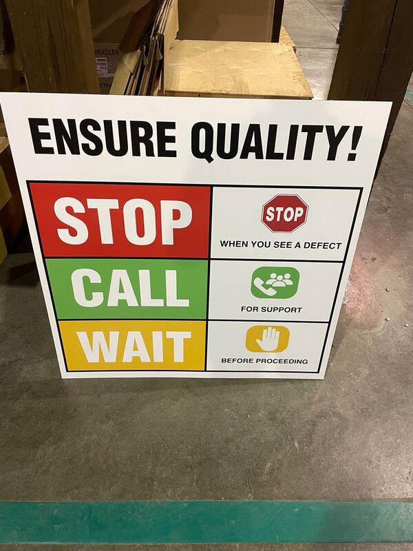 Stop-Call-Wait quality sign - Ensure Quality! Stop when you see a defect, Call for support, Wait before proceeding