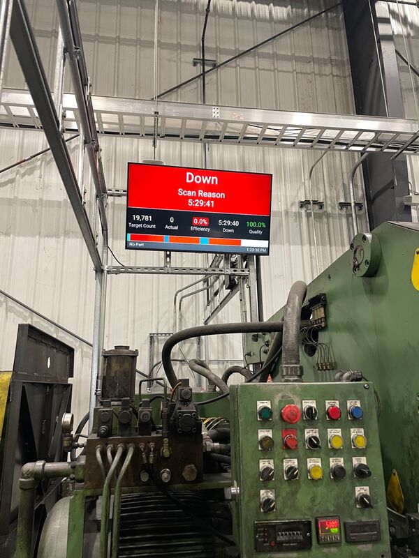 Vorne XL HD display showing DOWN state - red screen, 0 actual output, 5+ hours downtime